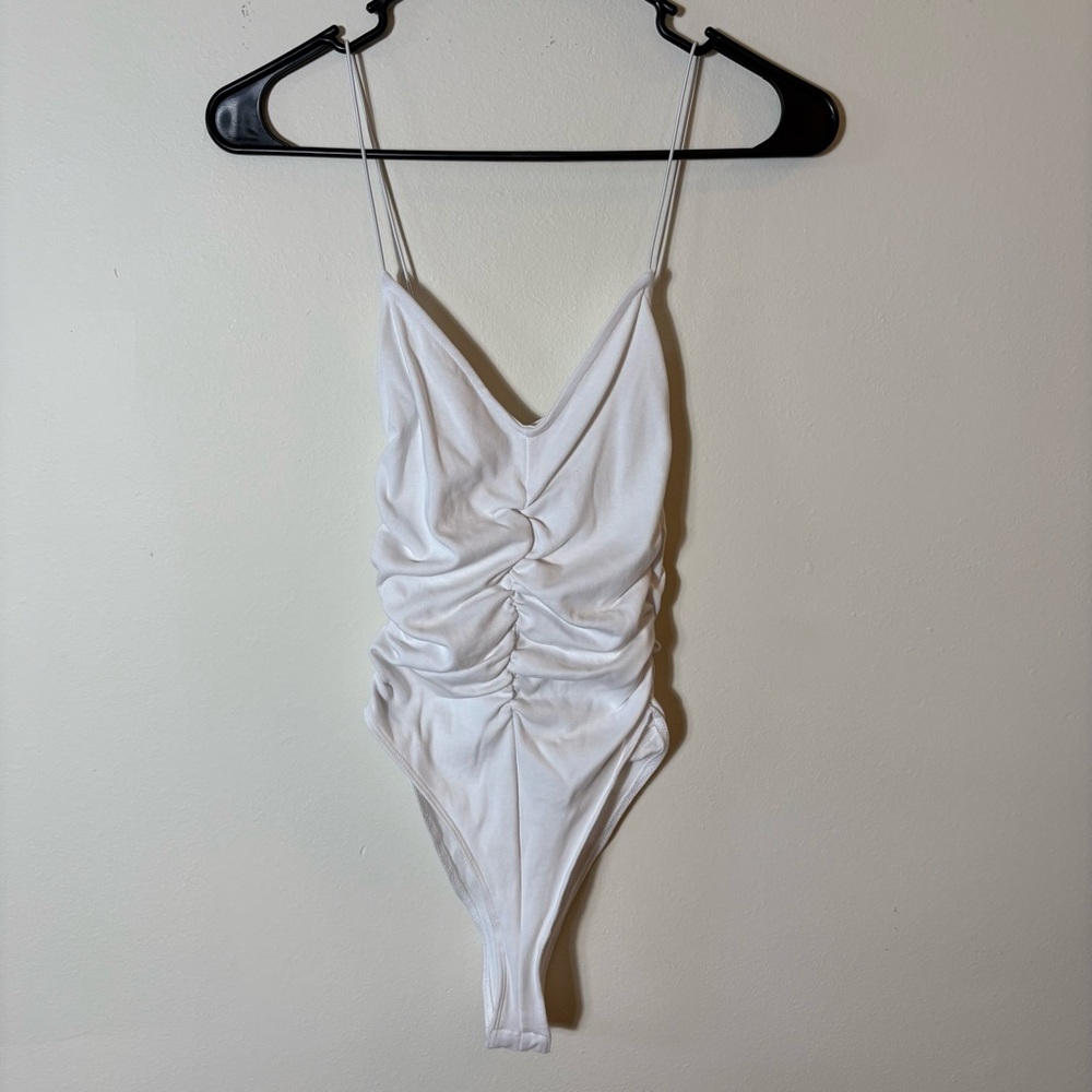 ZARA White Ruched Bodysuit with Spaghetti Straps Size Small